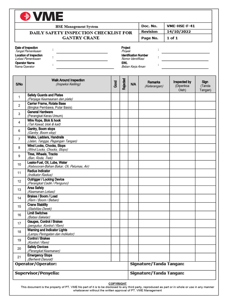 VMEHSEF042 Daily Safety Inspection Checklist for Gantry Crane