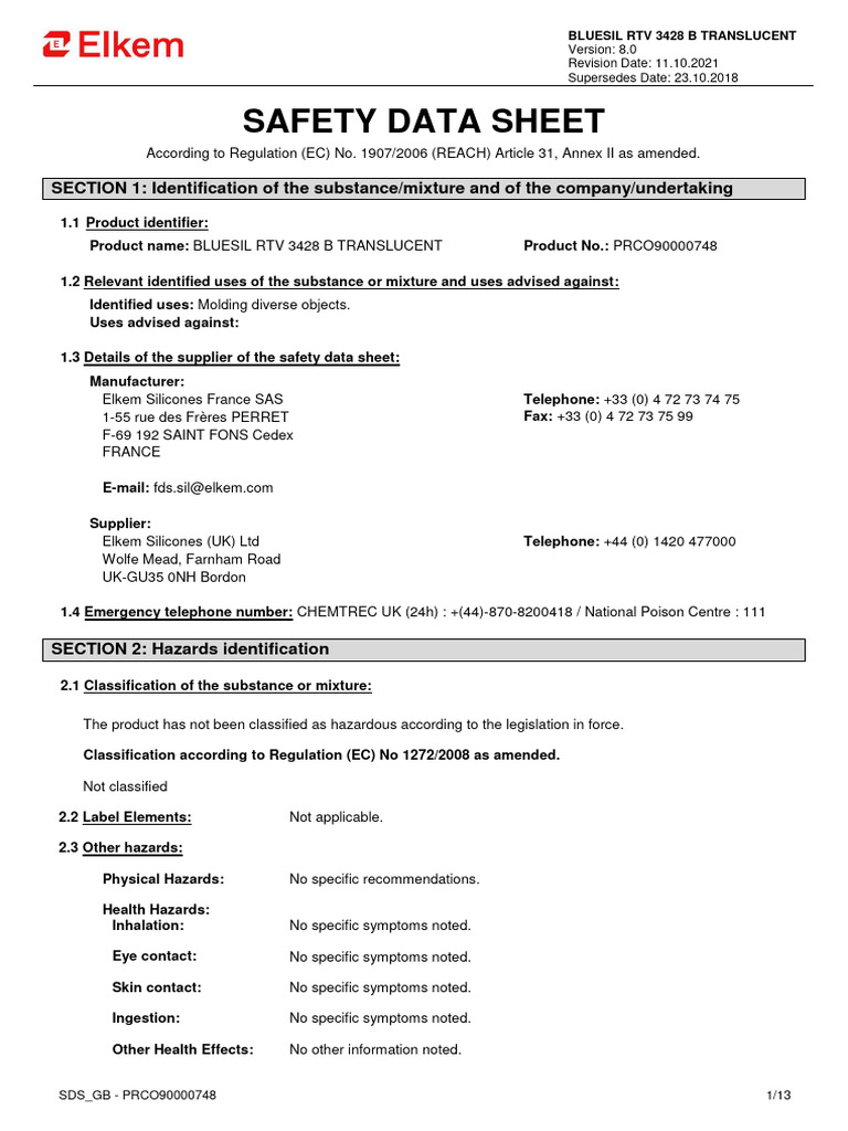 RTV 3428 B Clear - Sds (En) | PDF | Mutagen | Toxicity
