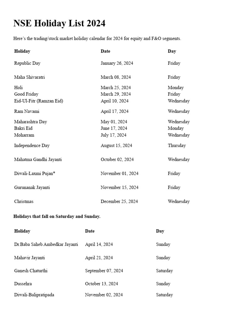 Nse Holiday List PDF Festival Holidays