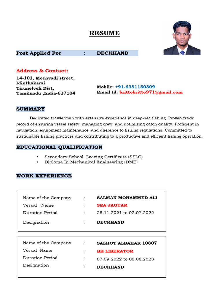 Bahrain Deckhand Experience Resume | PDF