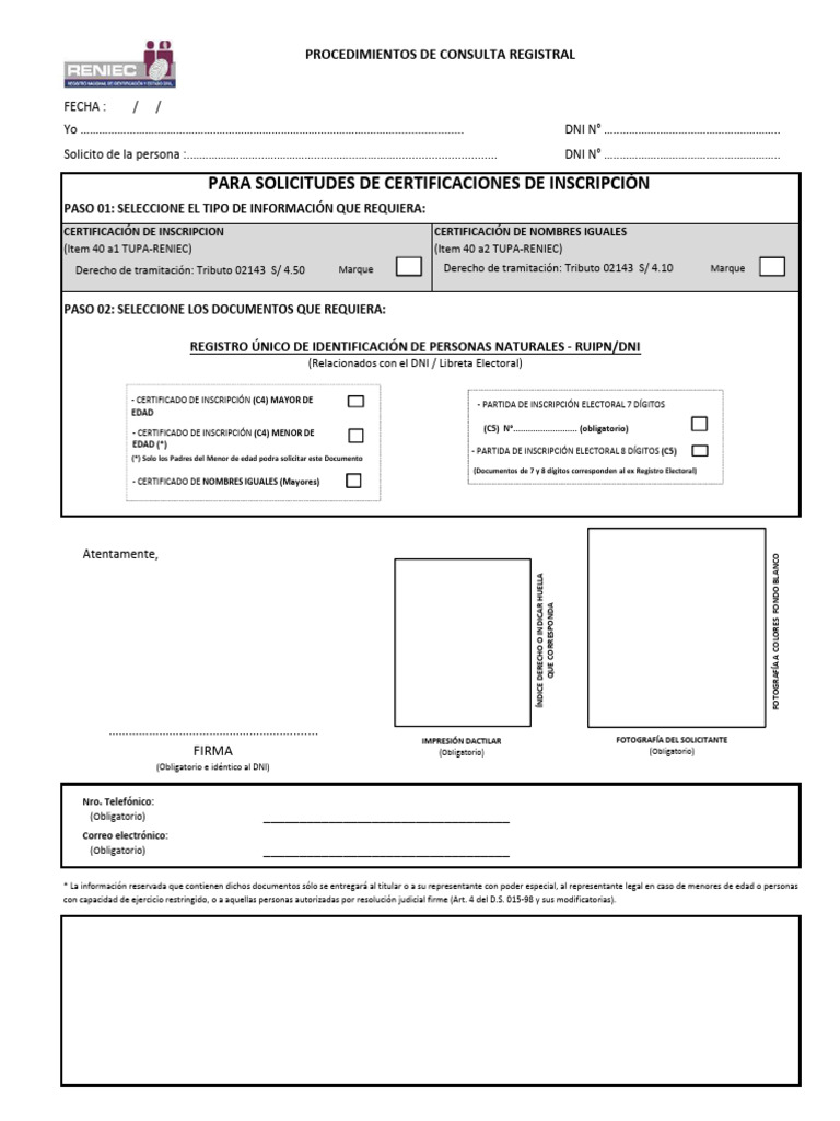 Solicitud de Certificado C4 RENIEC | PDF | Documento de identidad ...