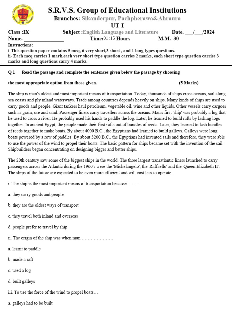 English UT I Class IX 2024-25 | PDF | Ships | Water Transport