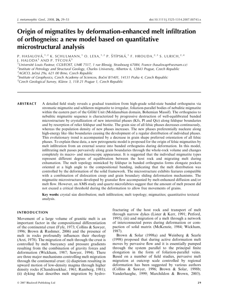 Journal Metamorphic Geology 2008 HASALOVÁ Origin of Migmatites by
