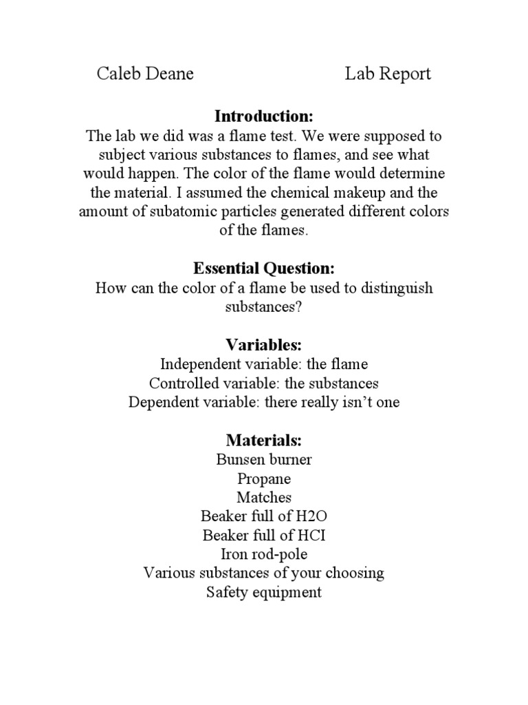 Flame Test Lab Report Summary | PDF | Experiment | Chemical Substances