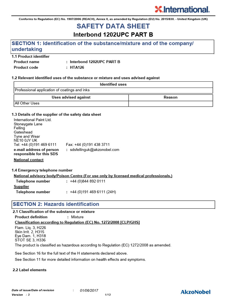 Interbond 1202UPC Safety Data Sheet | PDF | Occupational Safety And ...