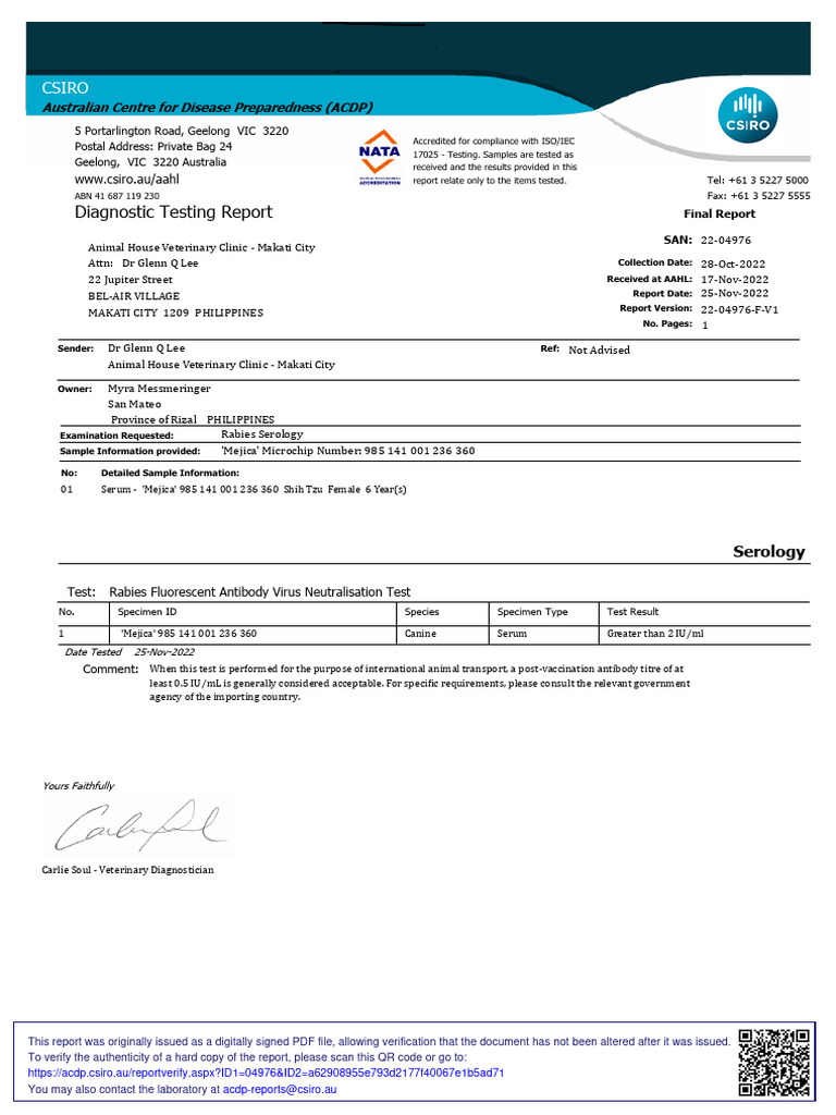 Rabies Titer Test Result of Mejica Owned by Myra Messmeringer