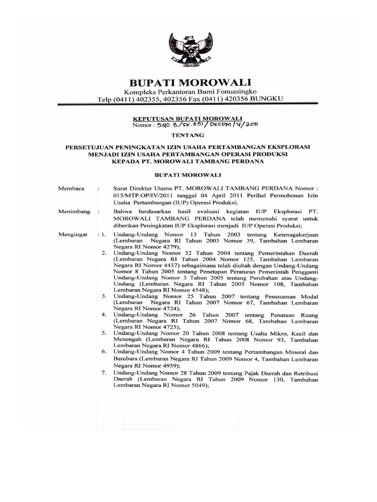 Sk Iup Produksi Pt Morowali Tambang Perdana Pdf