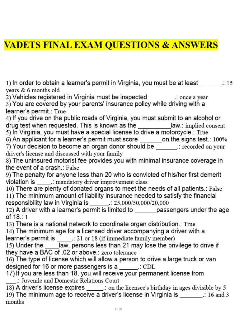Vadets Final Exam Questions & Answers Download Free PDF Driving