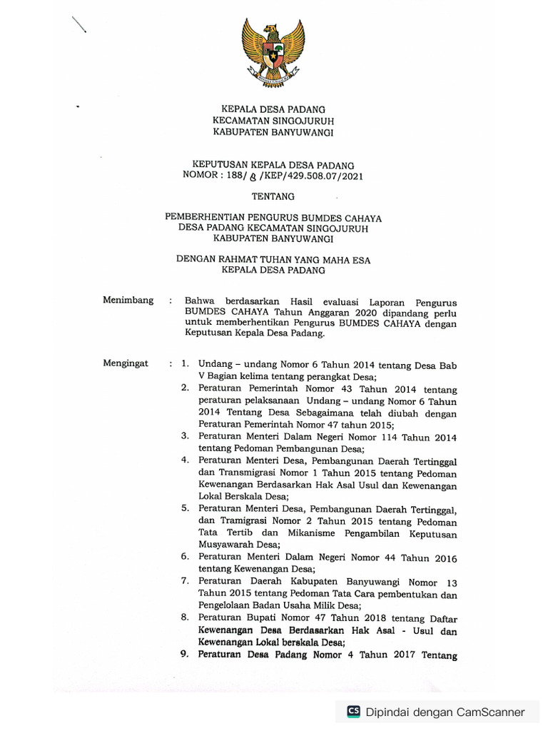 SK PEMBERHENTIAN PENGURUS BUMDES CAHAYA DESA PADANG PDF