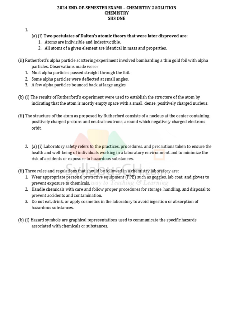 2024 End of Semester Chemistry 2 Solution | PDF | Atoms | Chemistry