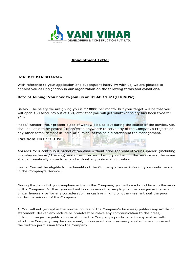 Deepak Joining Letter | Download Free PDF | Private Law | Common Law