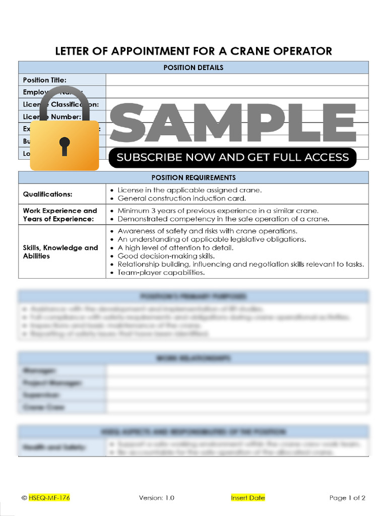 Letter of Appointment For A Crane Operator Sample | PDF
