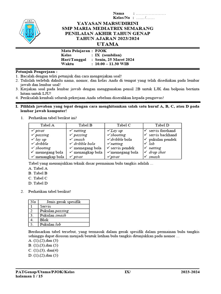FORM SOAL PAT UTAMA PJOK Siap Cetak | PDF