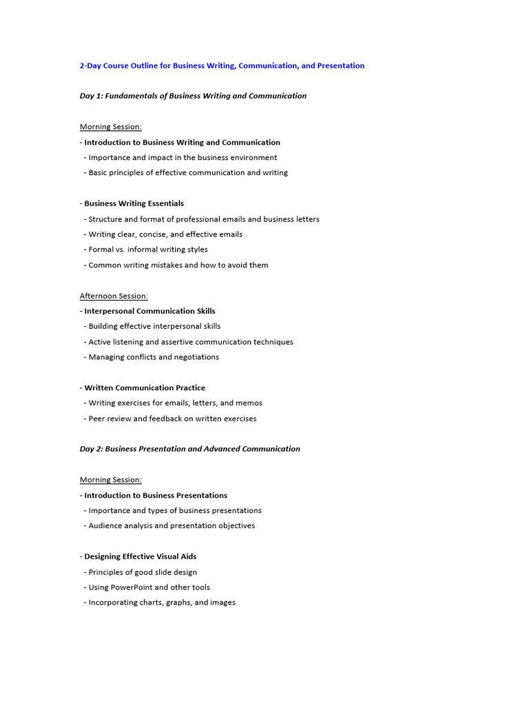 Course Outline For Business Writing, Communication, and Presentation ...