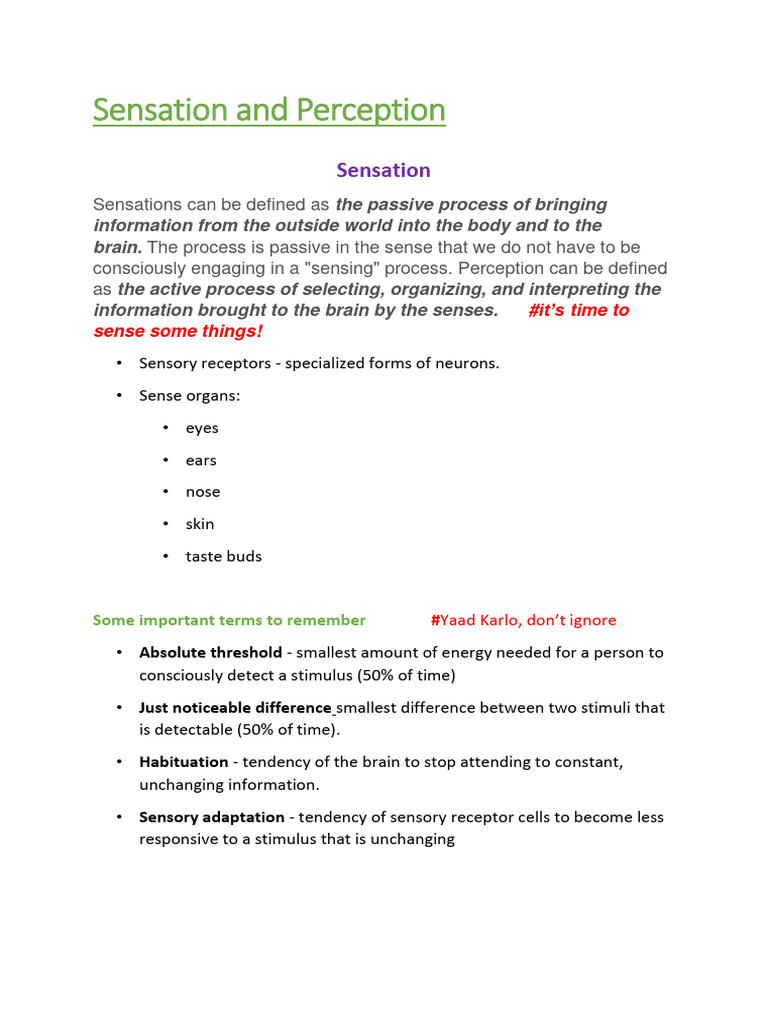 Sensation and Perception Guide | PDF | Senses | Emotions