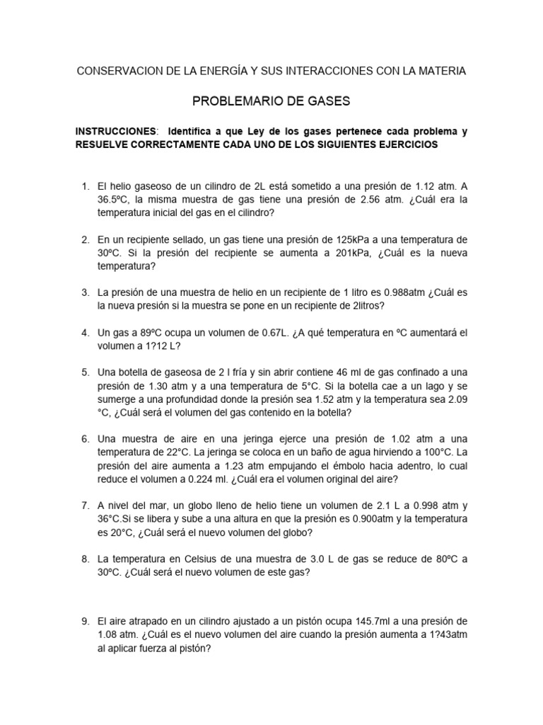 Problemas de Leyes de Gases y Energía | PDF | Gases | Helio
