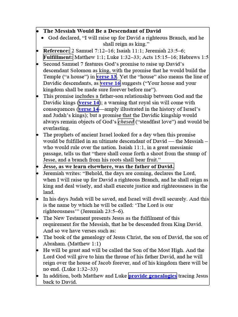 The Messiah Would Be A Descendant of David | PDF | Jesus | Gospel Of ...
