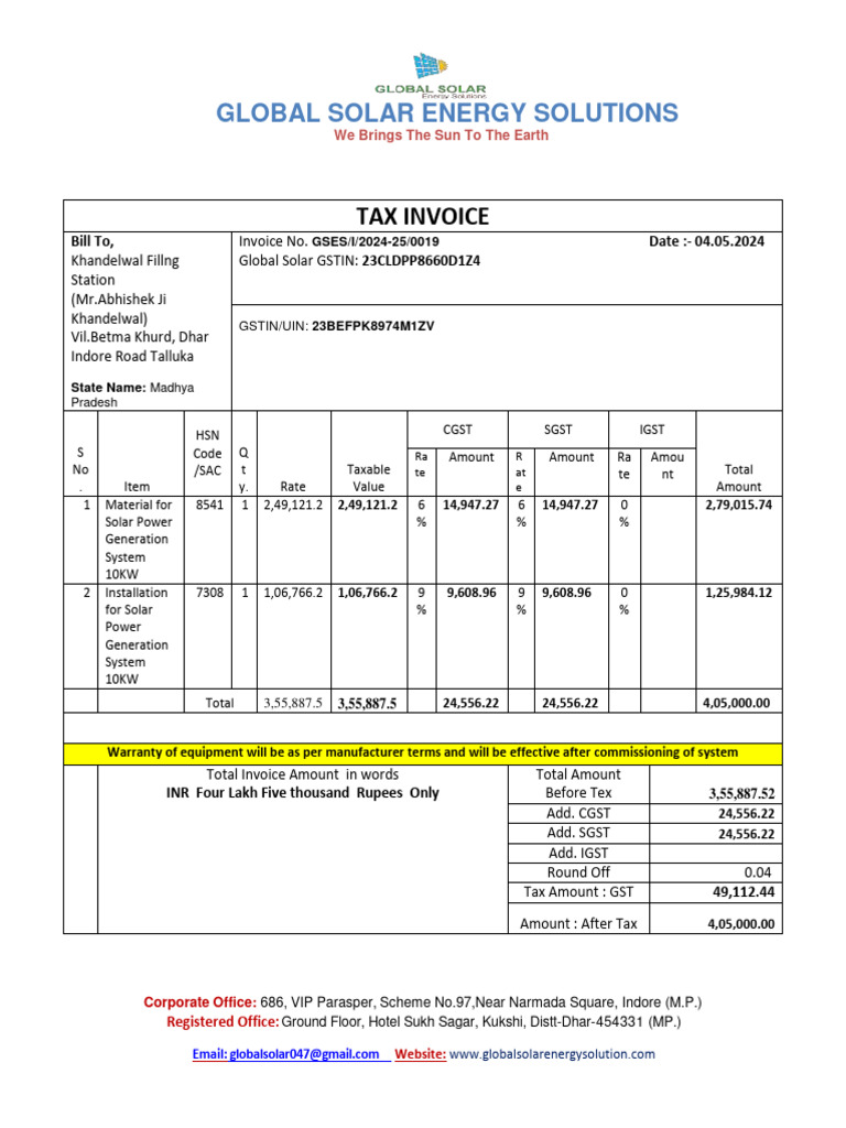 Solar Invoice for Khandelwal Hospital | PDF | Public Finance | Taxation