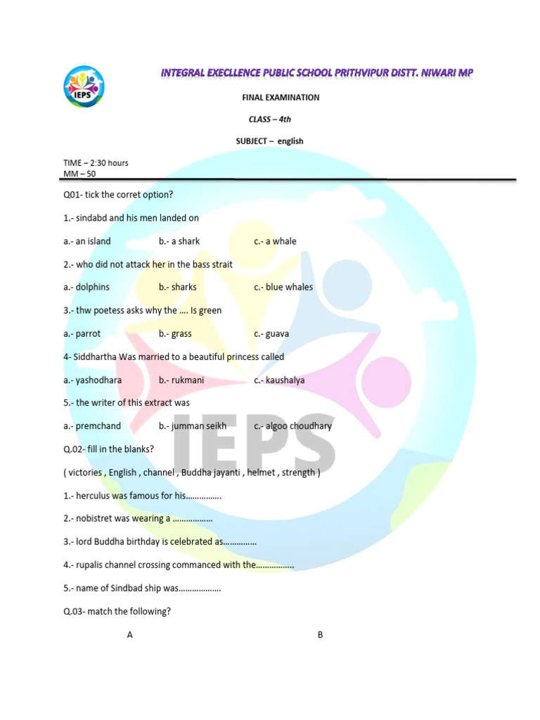 Class 4 English Final Exam Paper | PDF