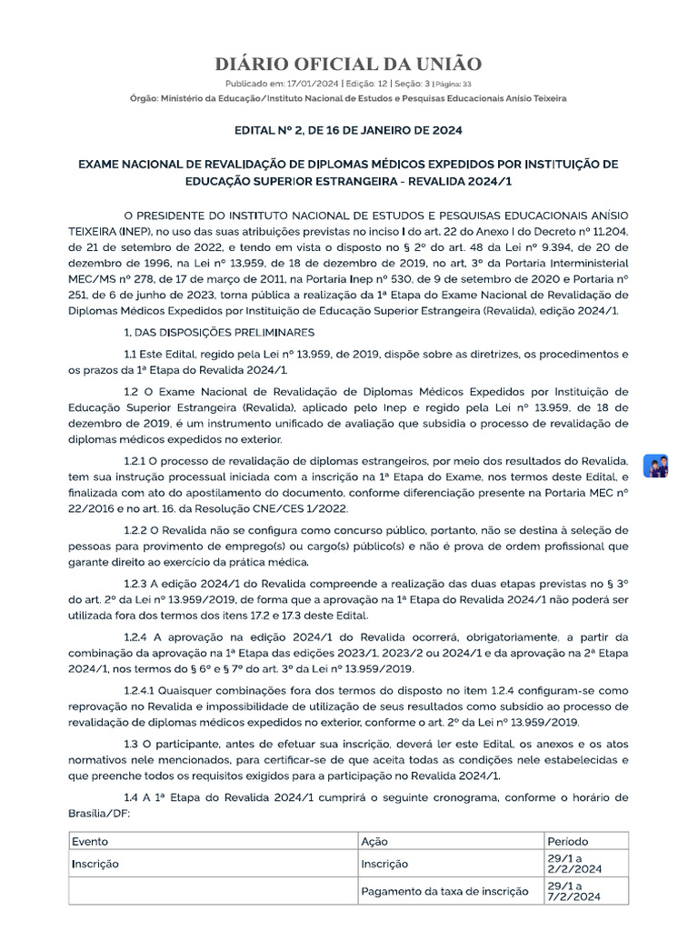 Edital Revalida INEP 2024 | PDF