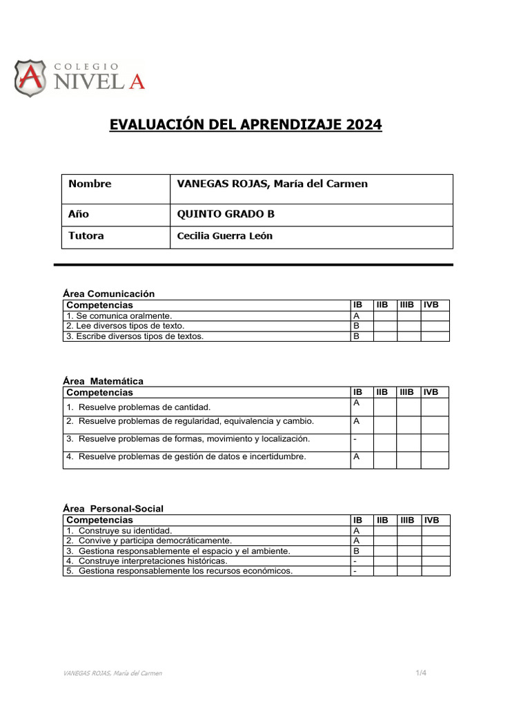 Evaluación de Aprendizaje 2024 Quinto Grado | PDF | Escuelas | Cognición