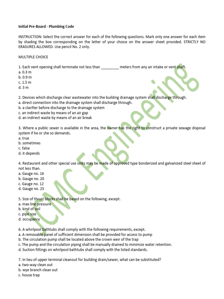 Plumbing Code Pre-Board Exam Guide | PDF | Pipe (Fluid Conveyance ...