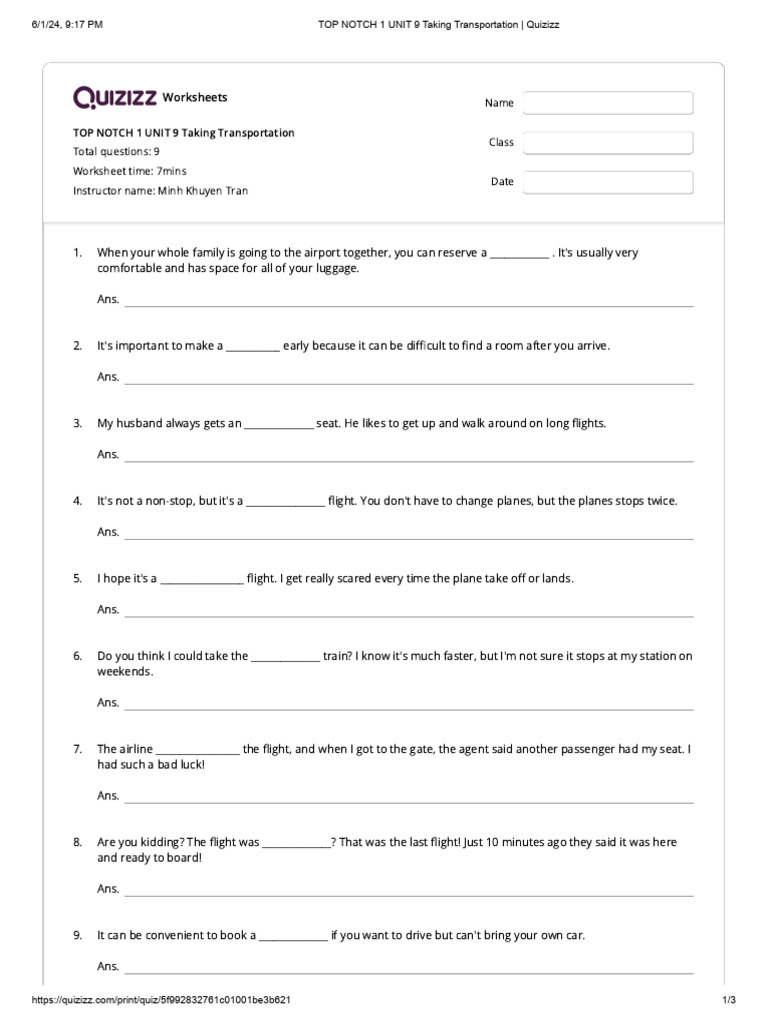 TOP NOTCH 1 UNIT 9 Taking Transportation _ Quizizz PDF Airlines