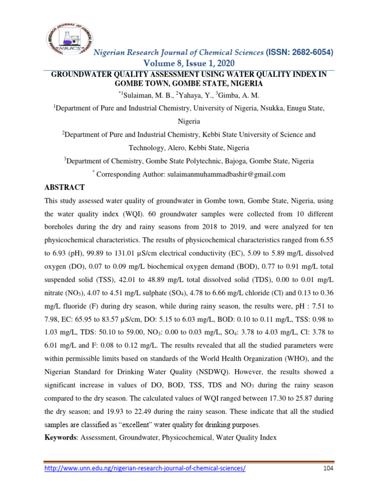 Groundwater Quality Assessment Using Water Quality Index in Gombe Town ...