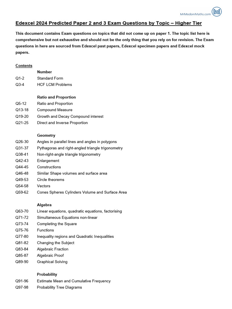Edexcel june 2024 predicted paper 2 and 3 exam questions by topic