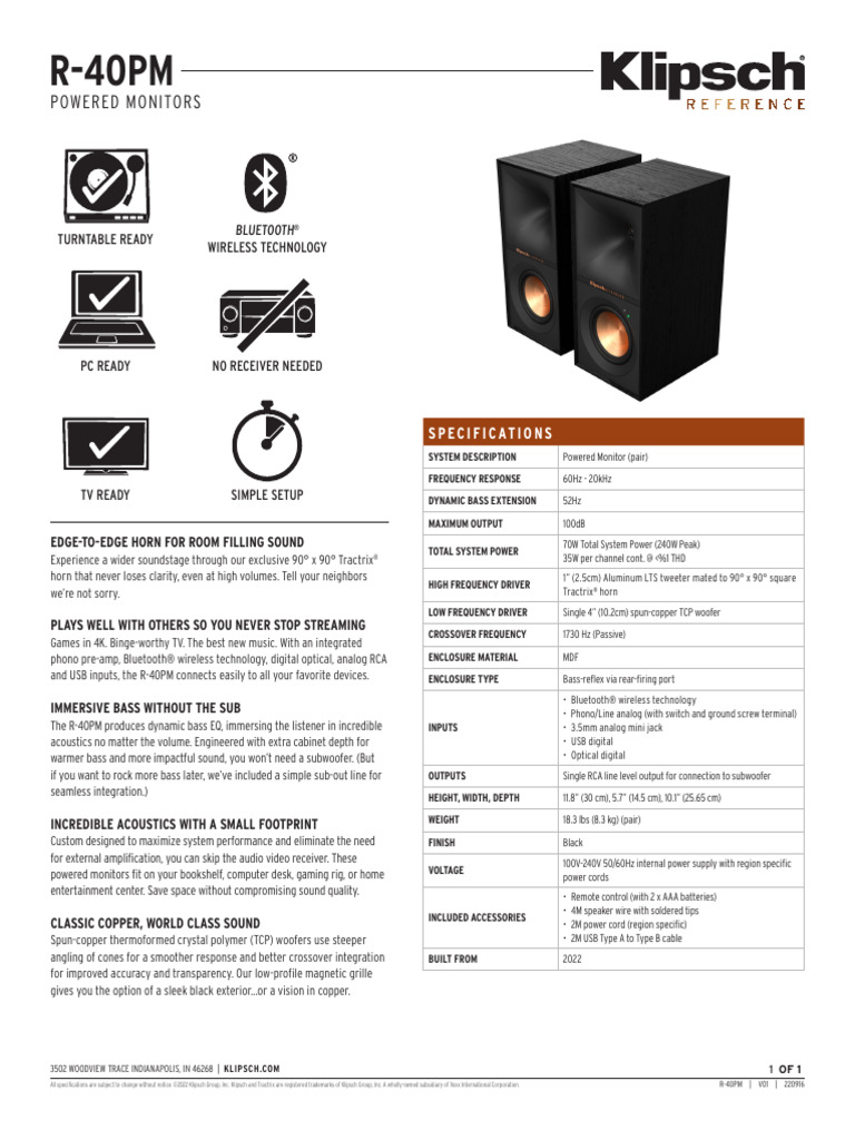 Klipsch R-40PM Specifications Overview | PDF | Sound | Audio Electronics