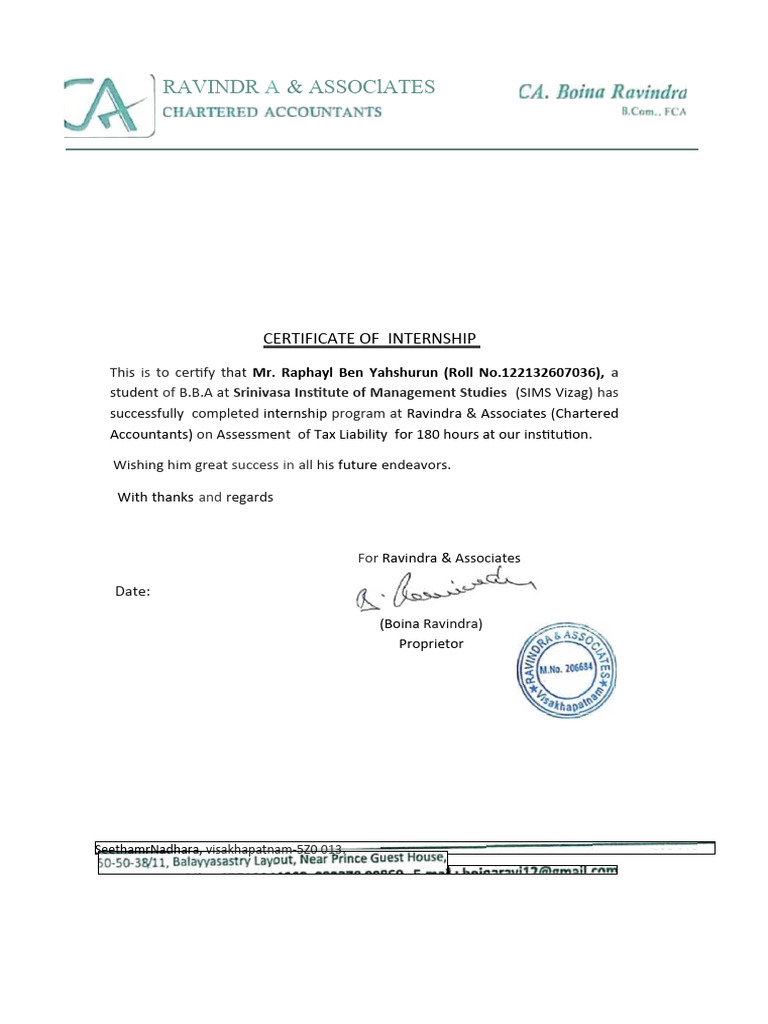 CA Internship Certificate for B.B.A. Student | PDF