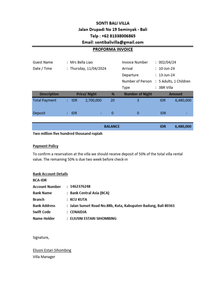 Villa Booking Invoice | PDF
