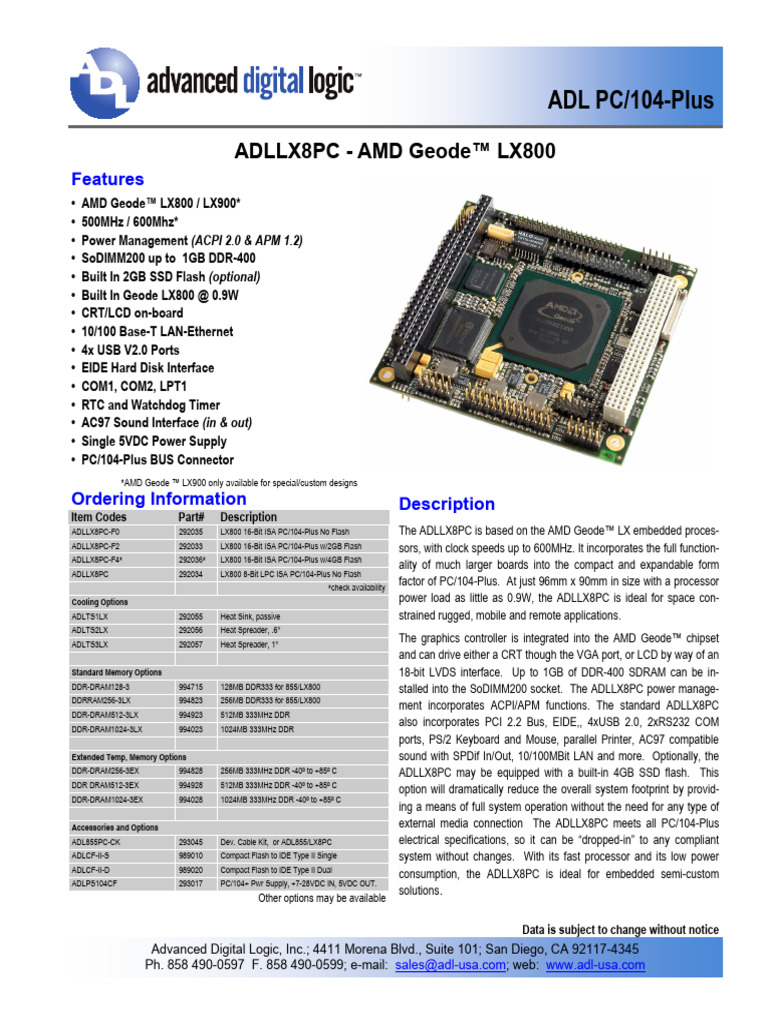 ADL PC/104-Plus: ADLLX8PC - AMD Geode™ LX800 | PDF | Personal Computers ...