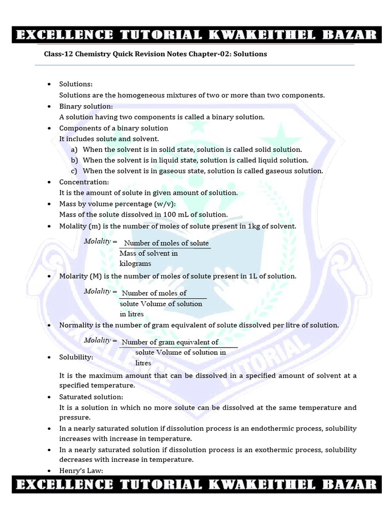 12 Chemistry Notes Ch02 Solutions Unlocked | PDF | Solubility | Osmosis