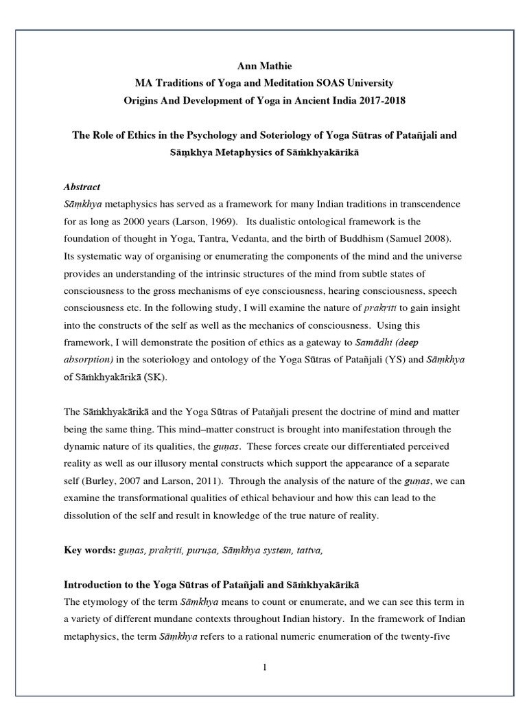 Samkhya and Ethics April 24 | PDF | Yoga | Yoga Sutras Of Patanjali