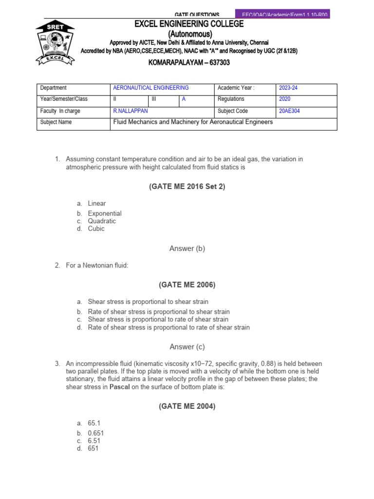 GATE Fluid Mechanics Questions 2023 | PDF | Shear Stress | Fluid Dynamics