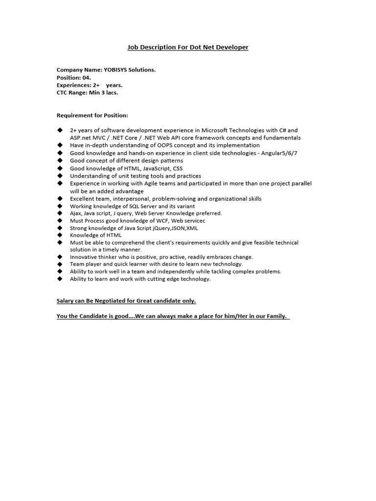 Dot Net Developer Job Opening at YOBISYS | PDF