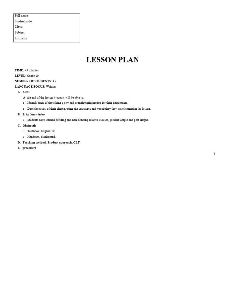 Grade 10 City Description Lesson Plan | PDF | Teachers | Learning