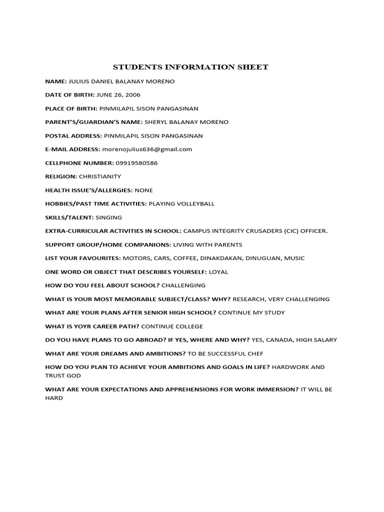 Students Information Sheet Julius Pdf