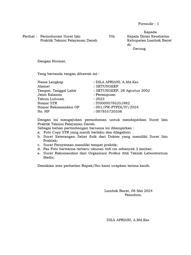 Permohonan Izin Praktik Teknisi Darah | PDF