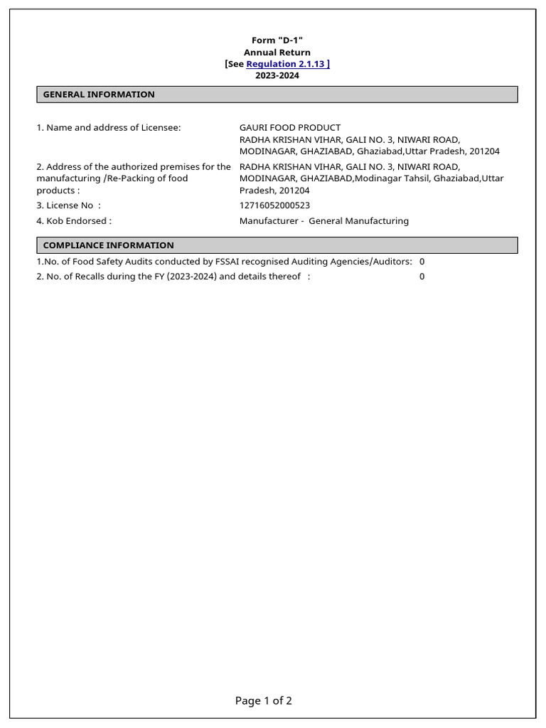 FSSAI Form D-1 Annual Return 2023-24 | PDF | Audit | Food Safety