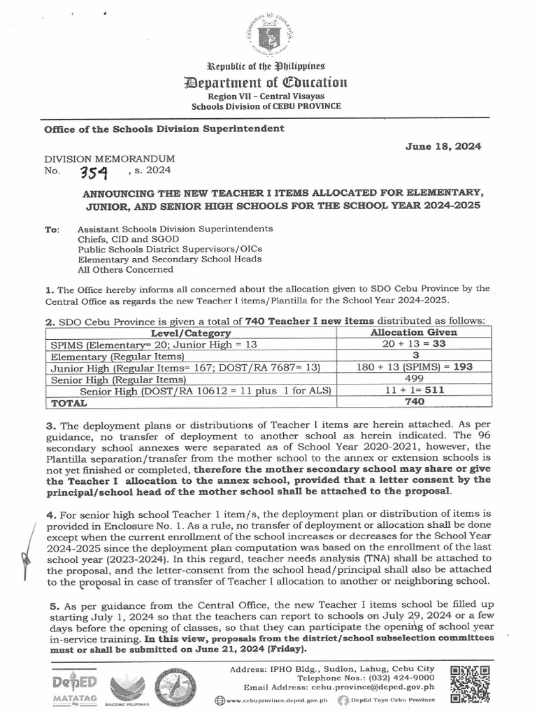 Teacher I Allocation for SY 2024-2025 | PDF | Educational Stages ...