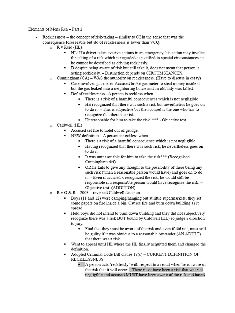 Elements Of Mens Rea Part 2 Week 5 Lecture Pdf Recklessness Law