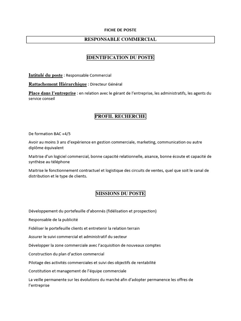 Fiche de Poste : Responsable Commercial | PDF