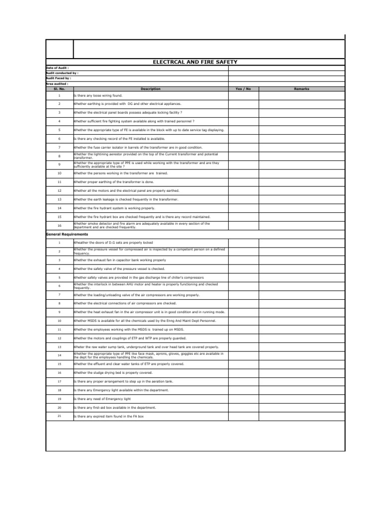 Electrical and Fire Safety Checklist | PDF | Transformer | Equipment