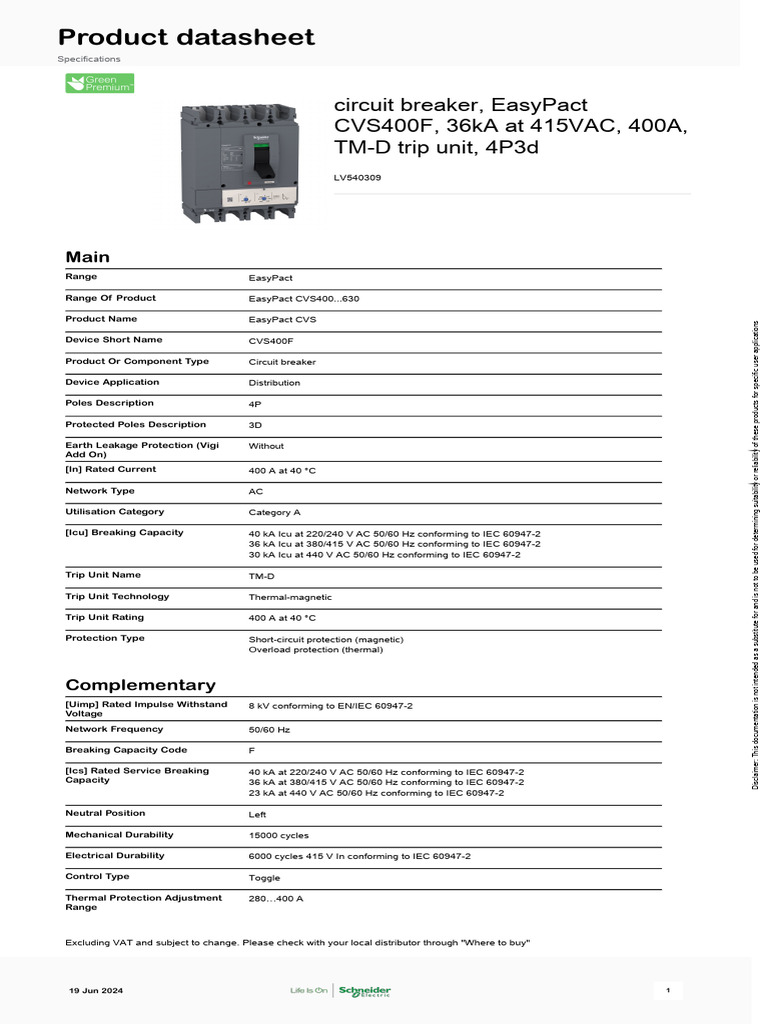 EasyPact CVS400F Circuit Breaker Specs | PDF | Alternating Current ...