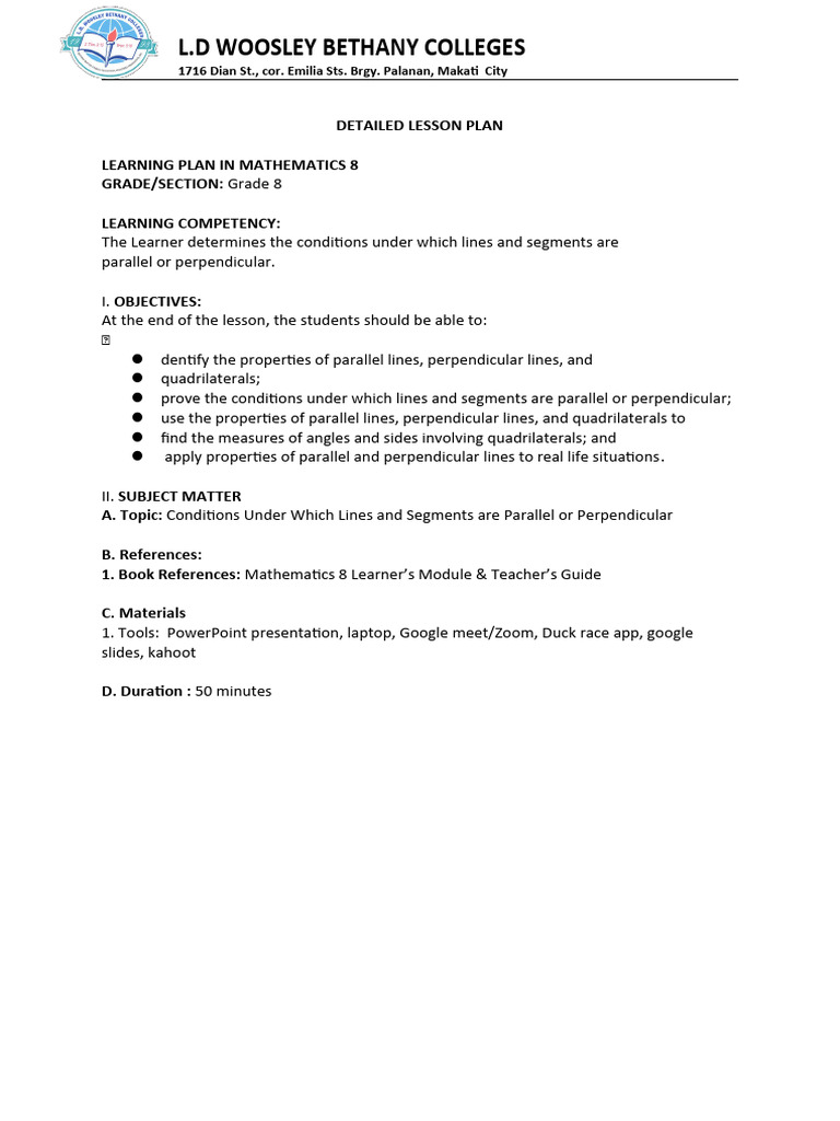 Detailed Lesson Plan Malapitan Math8 | PDF | Classical Geometry | Euclid