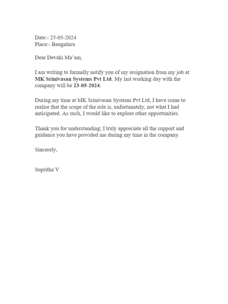 Resignation from MK Srinivasan Systems | PDF