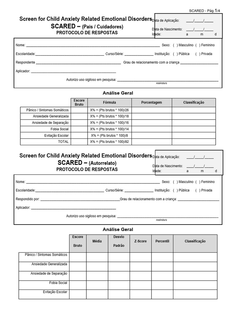 sCARED para Avaliação Da Ansiedade | PDF | Transtorno de pânico | Medo