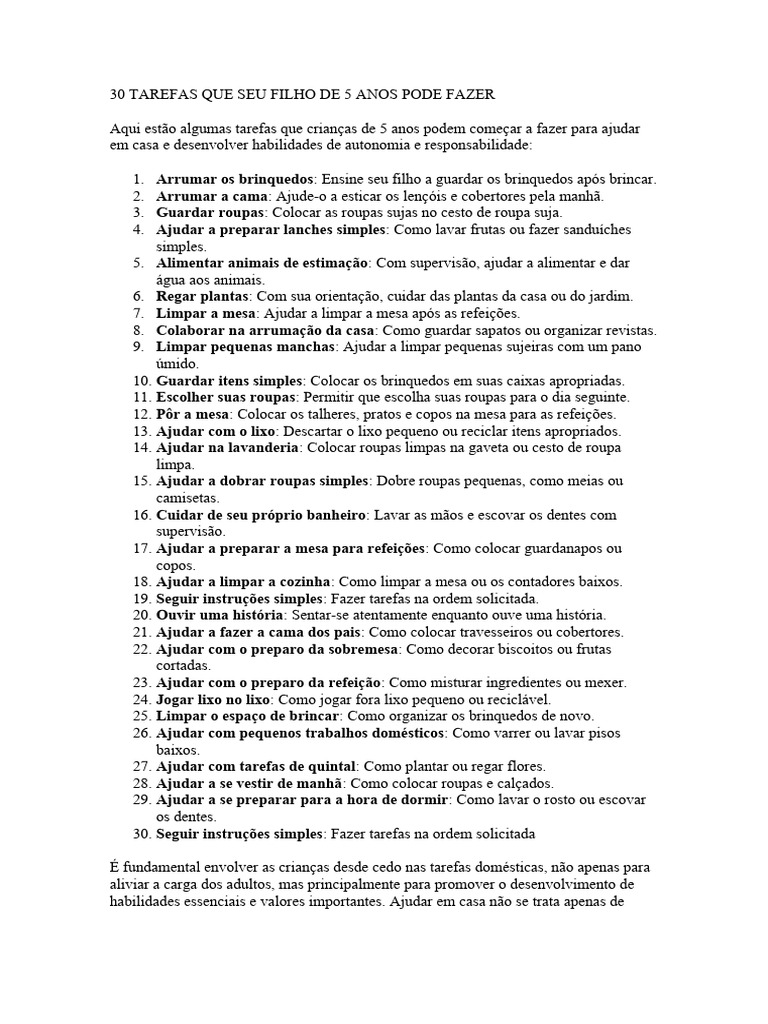 30 Tarefas Que Seu Filho de 5 Anos Pode Fazer | PDF | Família | Autoestima